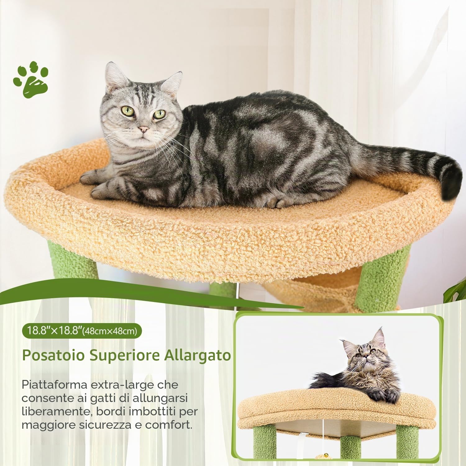 Globlazer Tiragraffi XXL Verde Cactus Grandi 188 cm con 2 Grotta 50*30*30CM, 2 Cesto, Piattaforma Imbottiti, Stabile Albero Tiragraffi per Gatti Adulti Interno Peluche Facile da Pulire (S74, Verde)