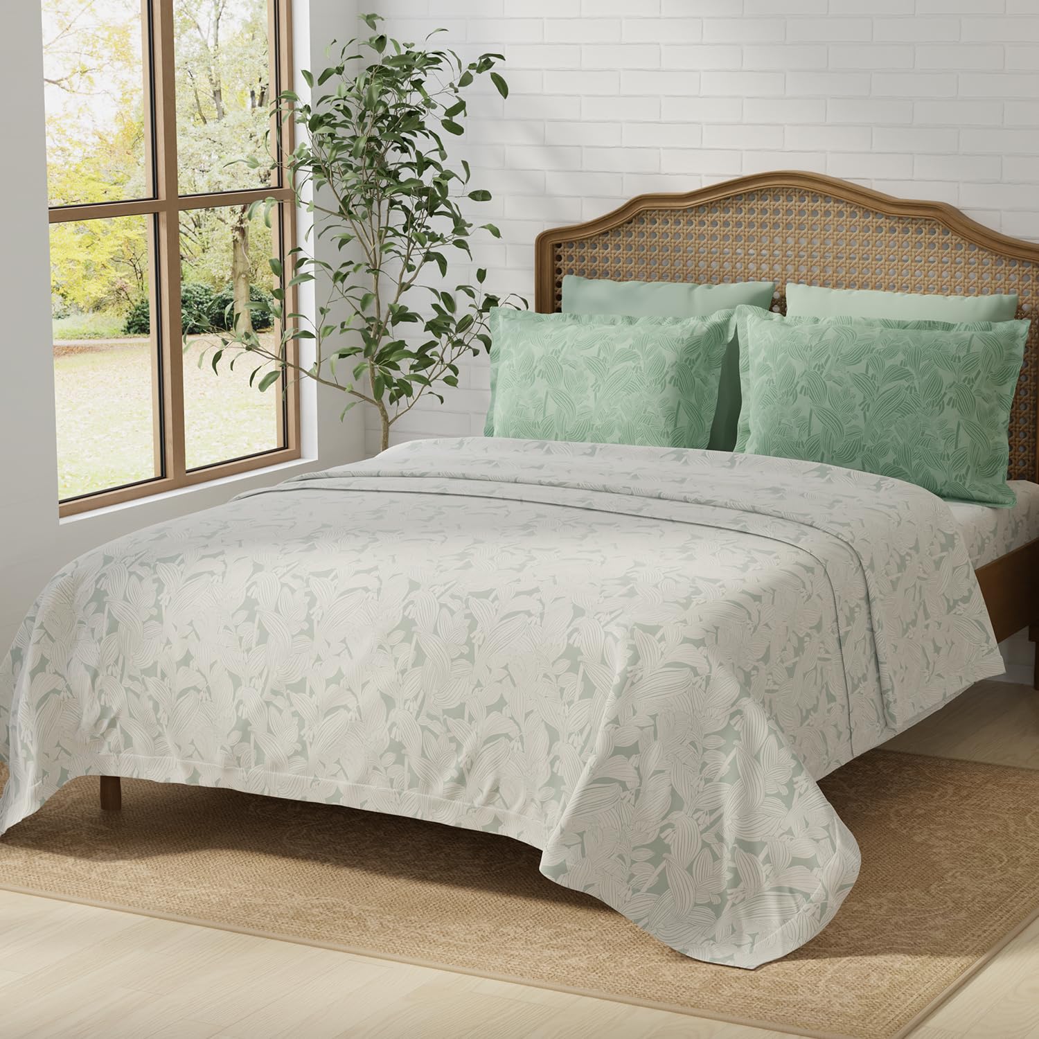 Layers Pure Nest 100% Cotton 180 TC Green & White Floral King Bedsheet with 2 Pillow Covers-image-24