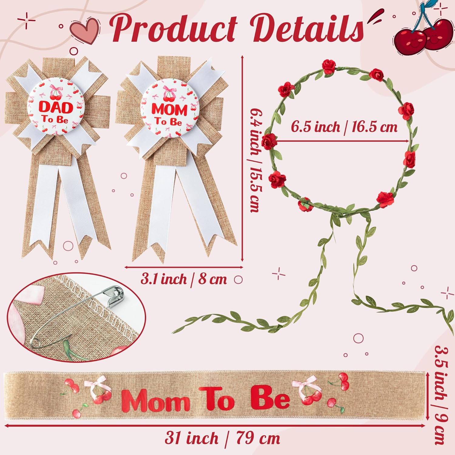 R HORSE 5Pcs Mom to Be Sash Dad to Be Pin - Cherry Themed Burlap Maternity Sash Corsage Pin and Flower Crown Headband - Gender Reveals Party Baby Shower Decorations Pregnancy Props Keepsake Gifts