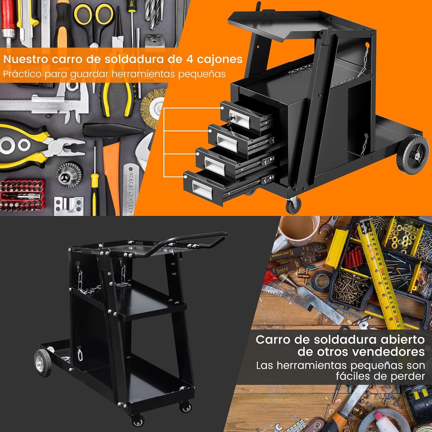 GOPLUS Carro de Soldadura Móvil, Organizador de Taller con 4 Cajones, Ruedas y Cadena de Seguridad para Bombona de Gas, Carrito de Herramientas para Soldador y Cortador de Plasma, Carga 45 kg