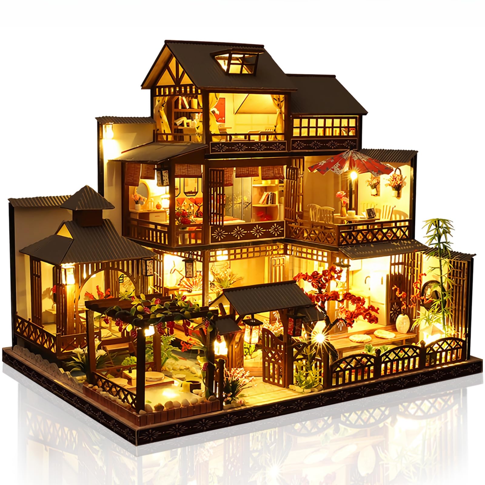 Cuteefun Casa de Muñecas en Miniatura con Luz LED, Modelos de Madera Hechos a Mano, ¡Construye la Casa de Tus Sueños, Cumpleaños y Navidad (Patio de Ocio)