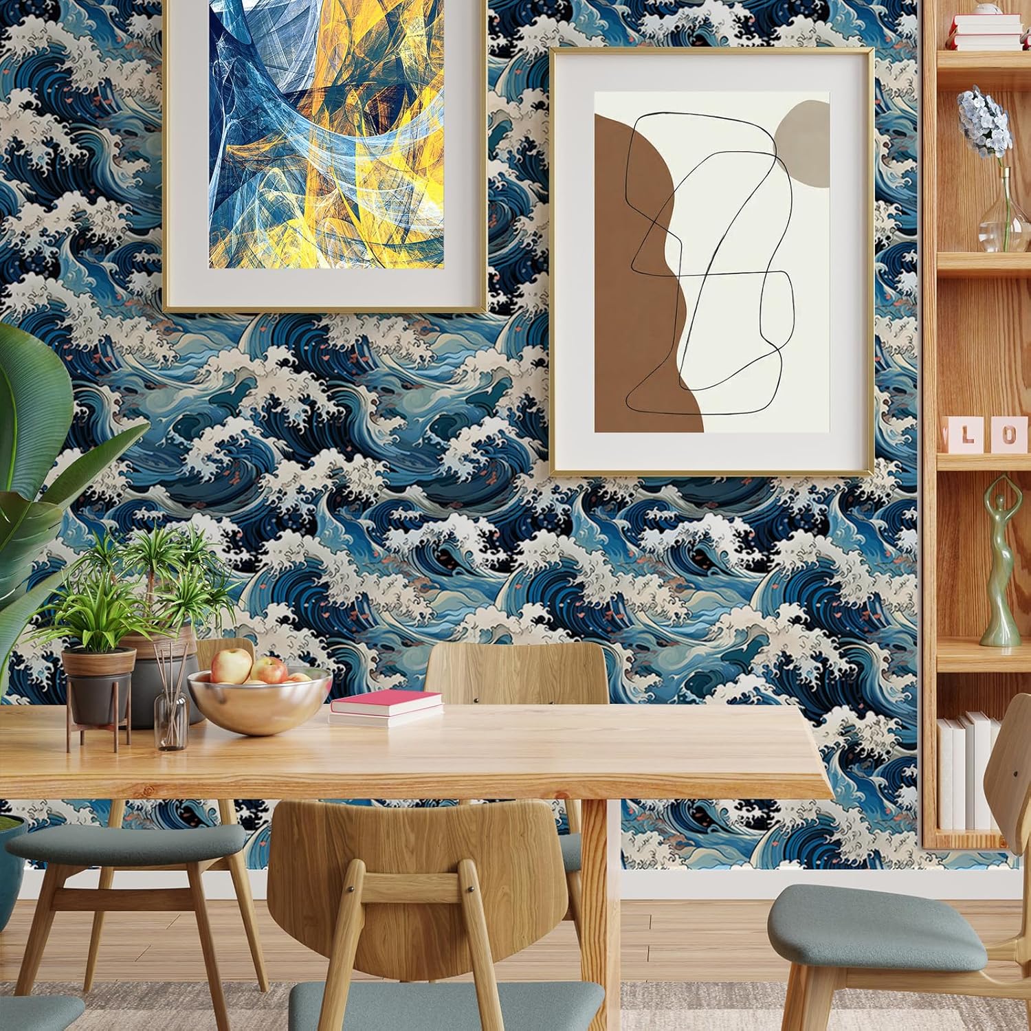 Vinatge Janpanese Sea Wave Blue/Yellow Mosaic Peel and Stick Wallpaper Self Adhesive Wall Paper for Kitchen Cabinet Renter Friendly 29sq.ft