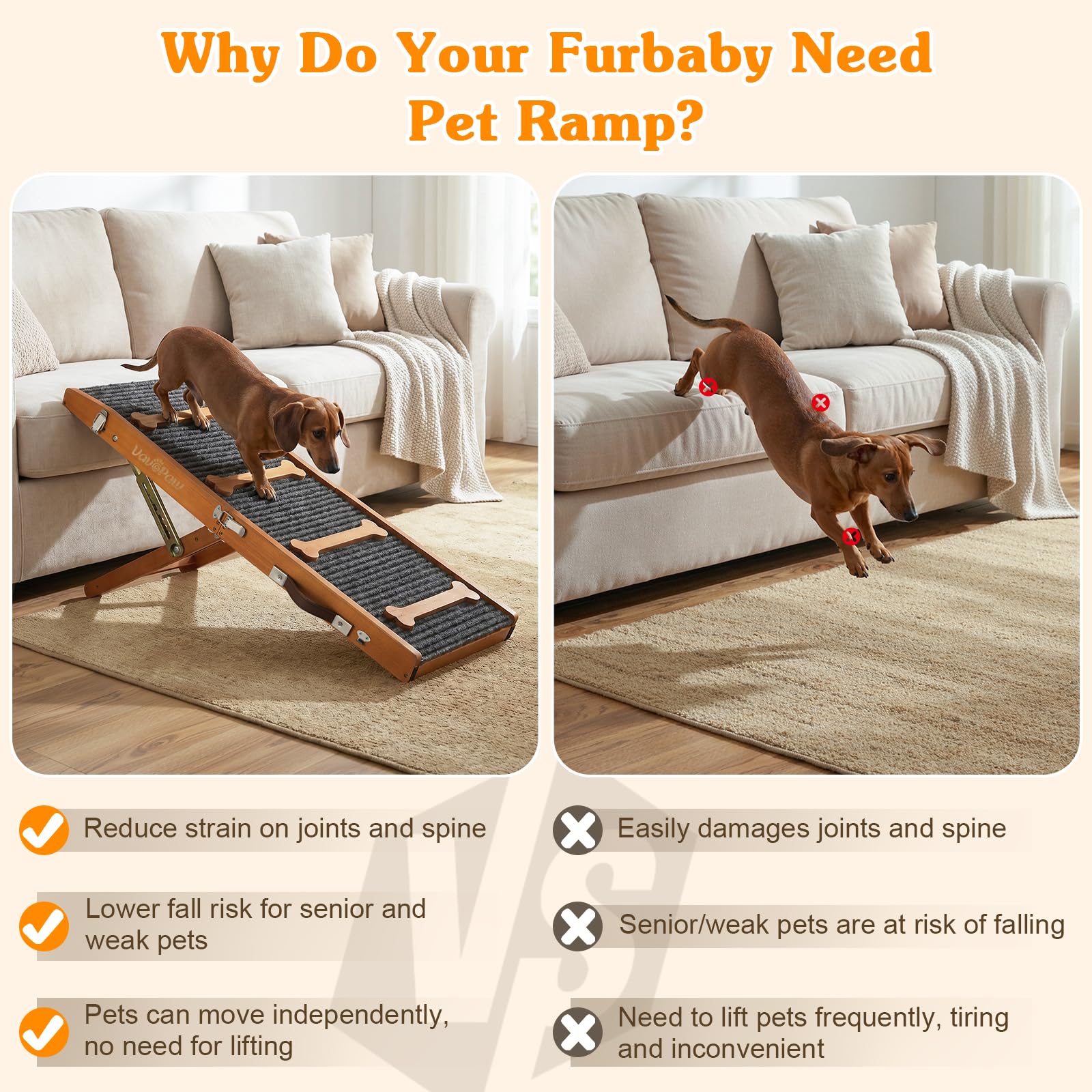 VavoPaw Rampa Mejorada para Perro, Rampa Plegable para Perros Pequeños para Camas, 7 Alturas Ajustables de 3,9"-18,9" con Almohadilla Antideslizante, Escaleras para Mascotas de hasta 33 LBS, Nuez
