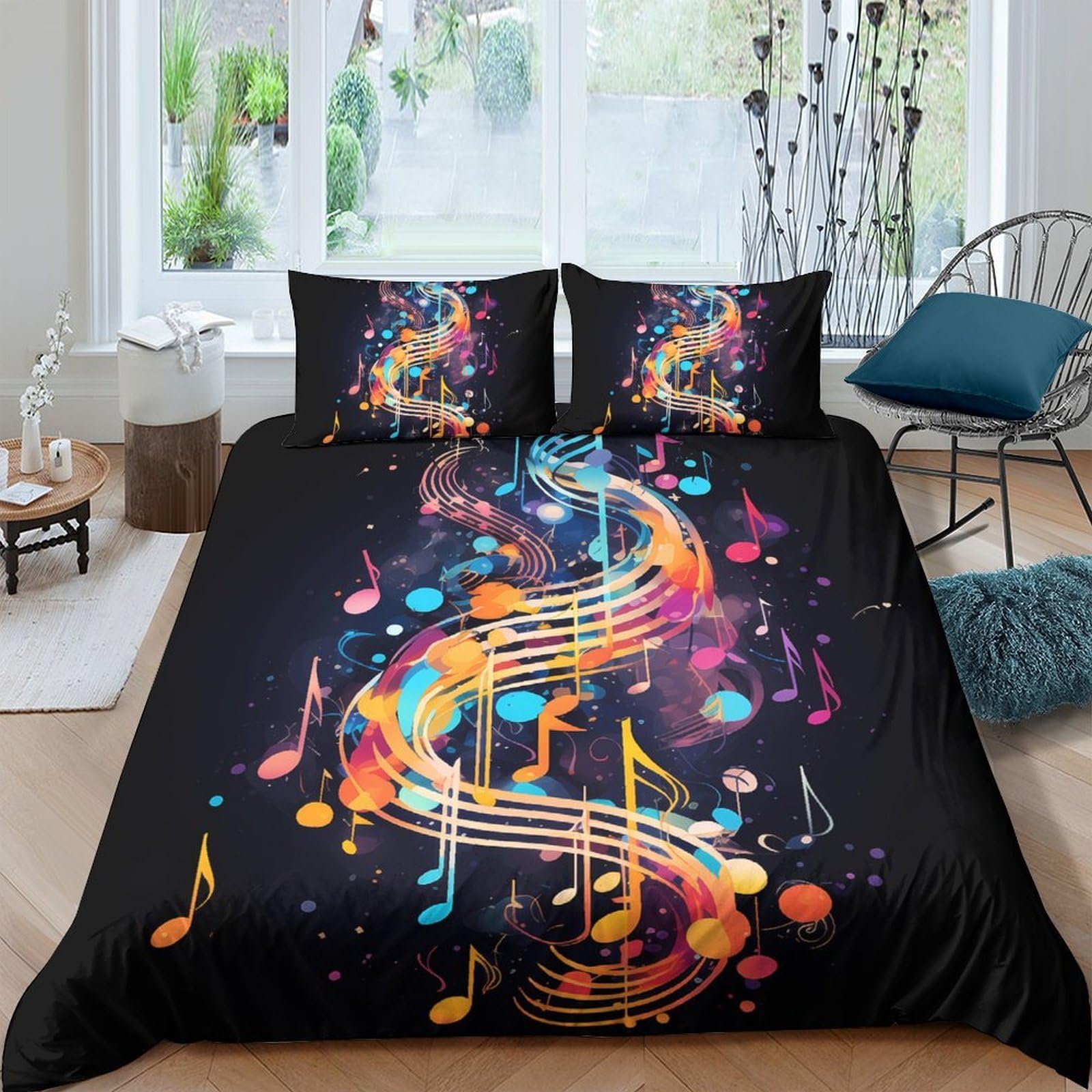 TUFRTGYHN 3D Printed Colorful Music Note Duvet Cover Microfiber Soft Breathable Bedding Set with 2 Pillowcases for Bedroom Decor Single（135x200cm）