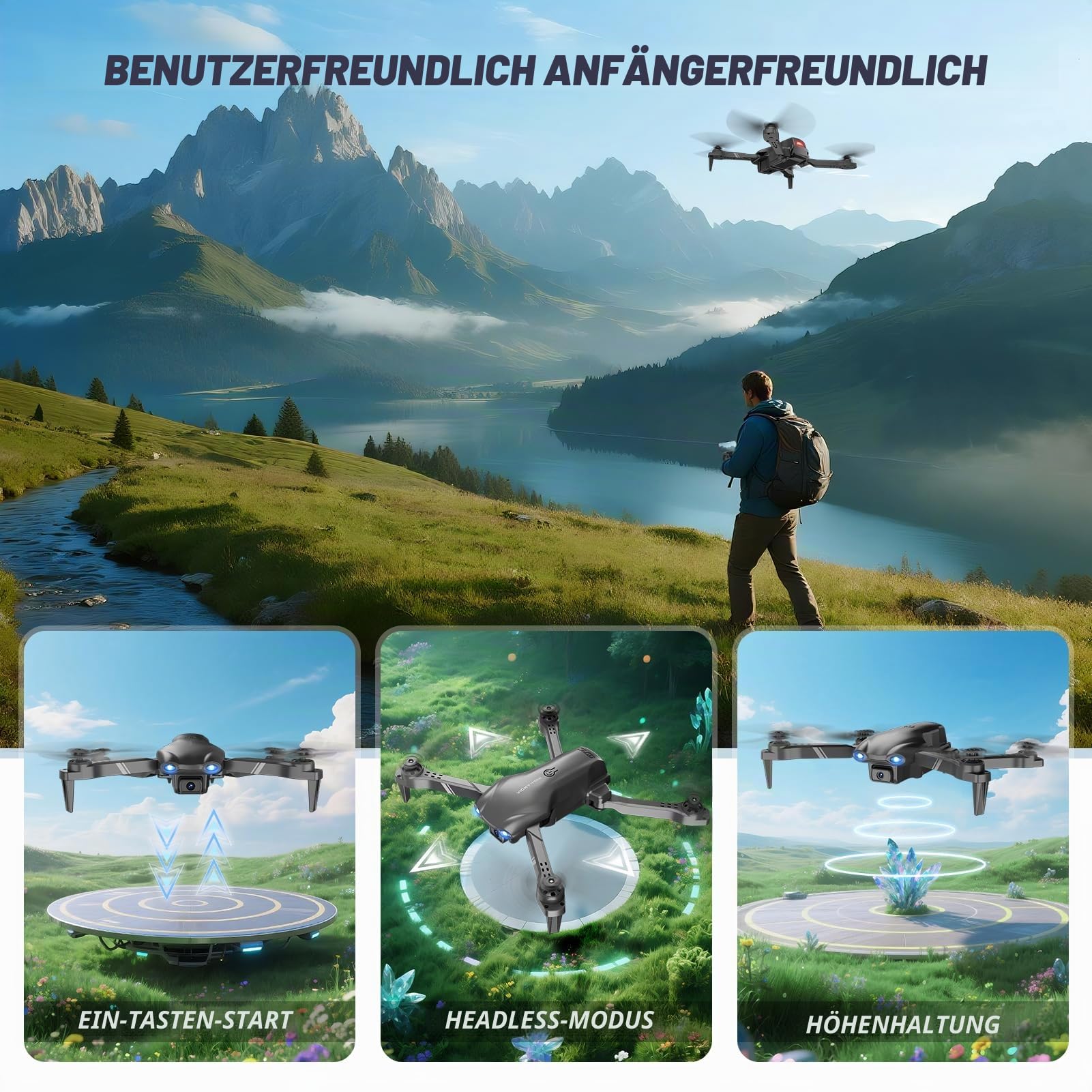 4DRC V13 Faltbar Drohne mit 1080P Kamera für Anfänger,Helikopter RC Quadcopter mit 2 Akkus,Flugbahnflug,Höhenhaltung,Headless Modus,3D Flips，One Key Start/Landung für Anfänger