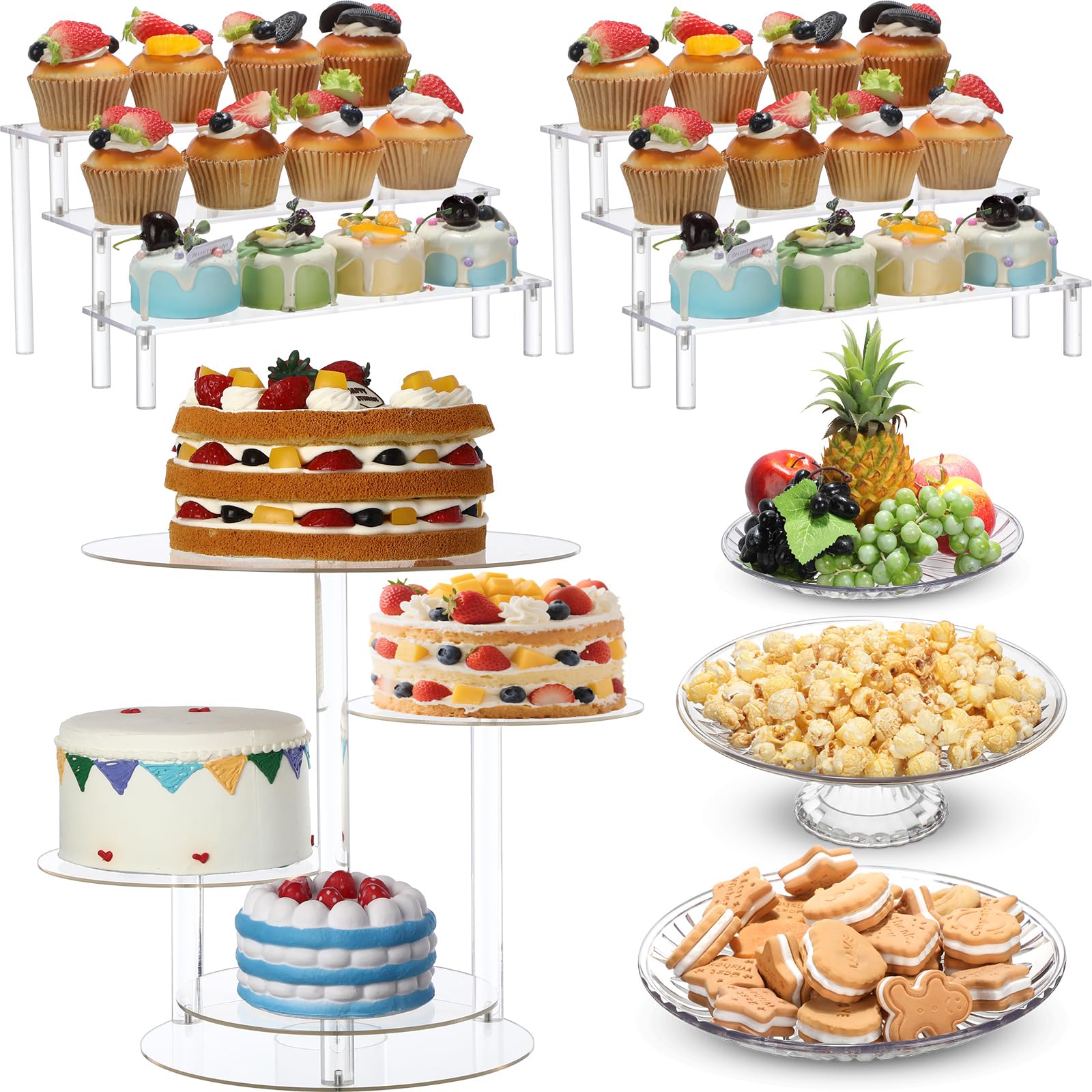 Photo 1 of RimCereal 6 Pcs Acrylic Dessert Stands Set Include Display Risers Cupcake Tower and Clear Round Dessert Trays Cake Table Holder for Wedding Baby Shower Decoration(Retro Style)