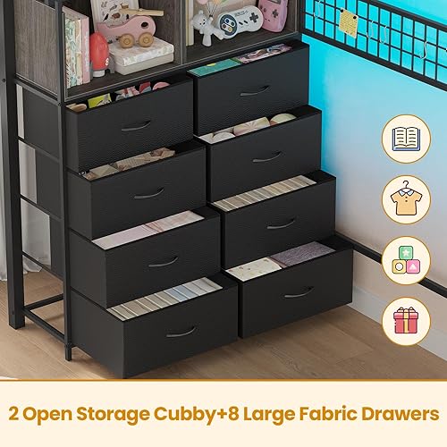 Miniatura 4 de ADORNEVE Cama tipo loft de tamaño individual con escaleras de almacenamiento, 8 cajones, cama alta de metal para niños con luces LED, toma de