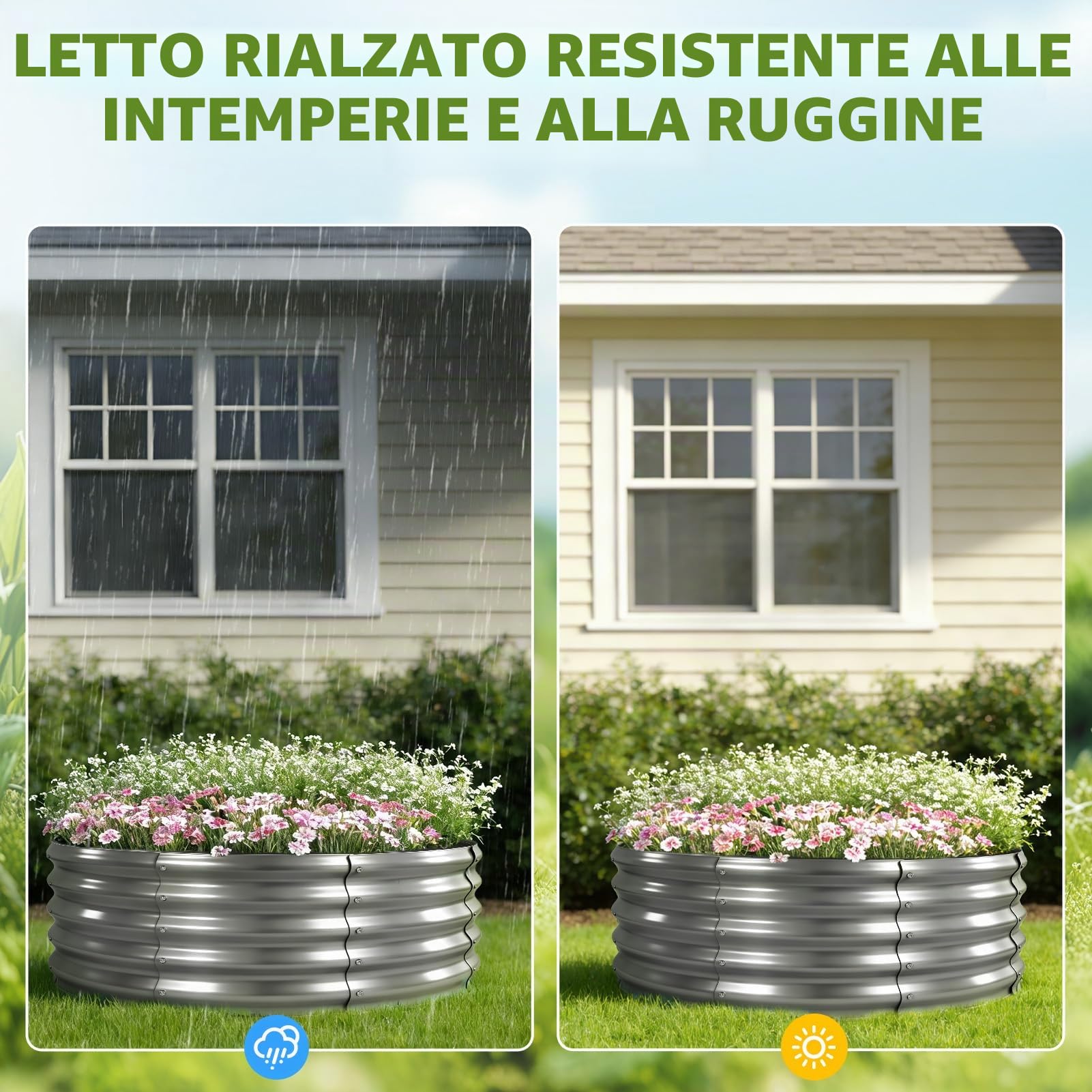 Aiuola rialzata in metallo 90 x 90 x 43 cm, aiuole rialzate in acciaio zincato per il giardino, aiuola per orto, aiuola rialzata per verdure, erbe aromatiche, fiori, argento, rotonda