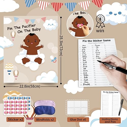 Miniatura 3 de SUNALETTA Juegos de baby shower para niños y niñas, Pin The Chupete en el juego de bebé afroamericano, divertido revelación de género Baby Shower