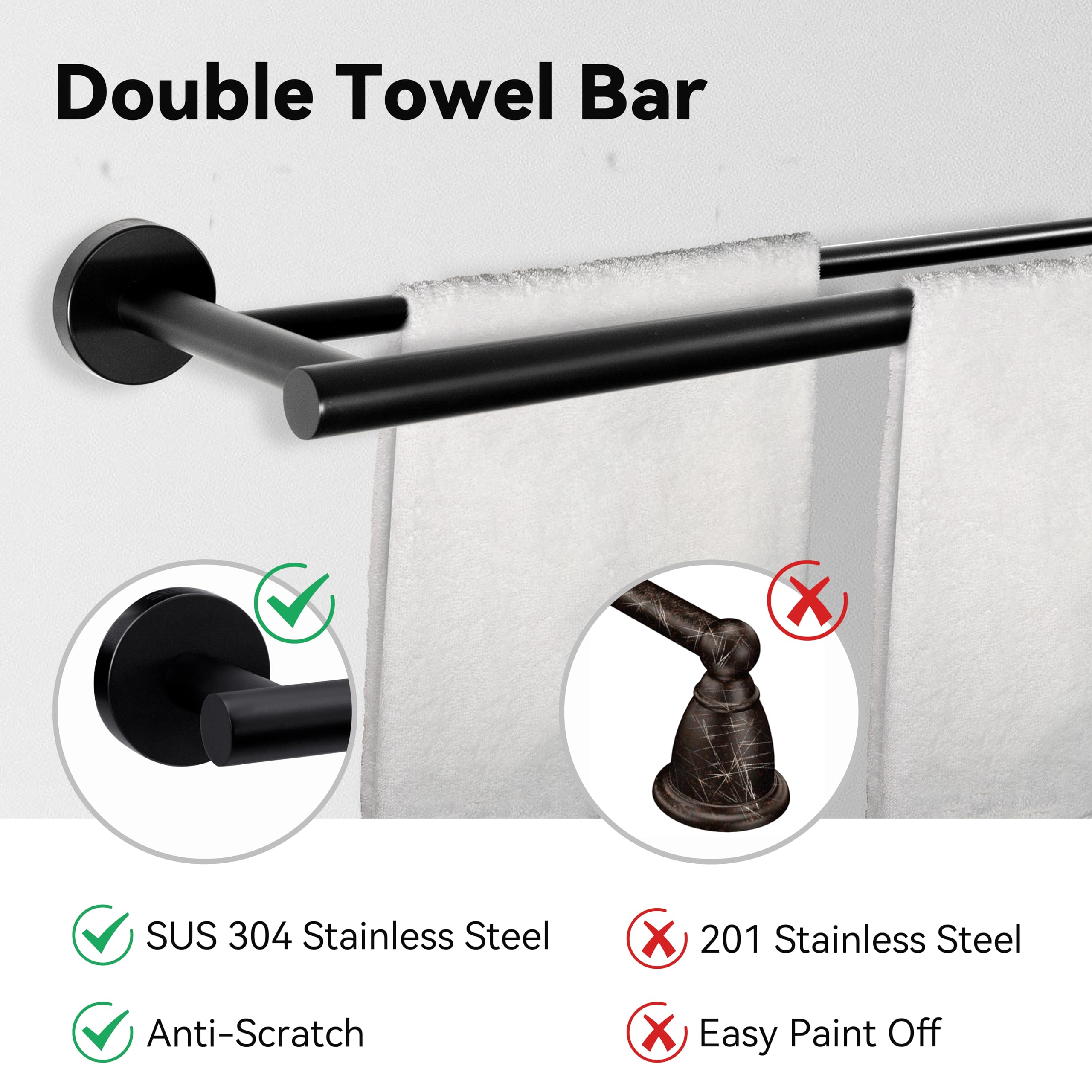 SEIDO Juego de accesorios de baño negro, juego de accesorios de baño SUS 304 de acero inoxidable doble barra de toalla para pared de baño de 24 pulgadas, toallero negro, 4 piezas