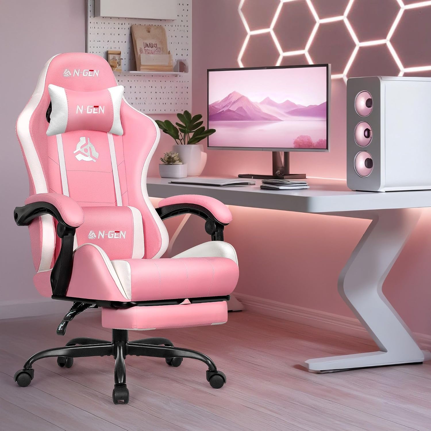 N-GEN GAMING Video Gaming Chair with Footrest Lumbar Support for Home Office High Back Recliner Height Adjustable Ergonomic Comfy Leather Computer Desk Chair (Pink) thumbnail