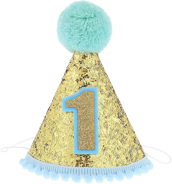 Toyvian 1st Birthday Hat Glitter Cone Hat Adjustable Tiara Headbands Sparkle Princess Birthday Hat for Baby Girl Boy (Pink)