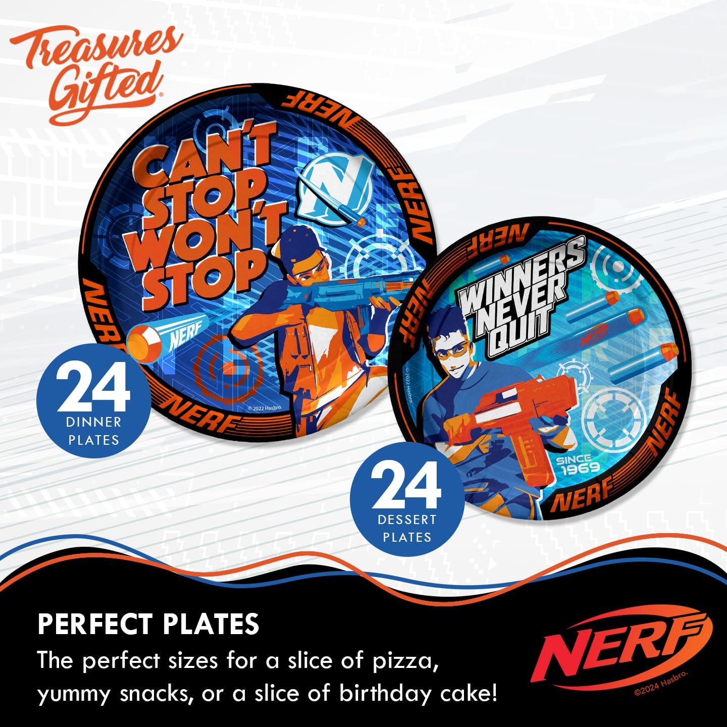 Treasures Gifted Officially Licensed Nerf Birthday Party Supplies Serves 24 - Ultimate Set Nerf Party Supplies - Birthday Decorations - Dinnerware Set, Banner, Backdrop, Cake Topper & More