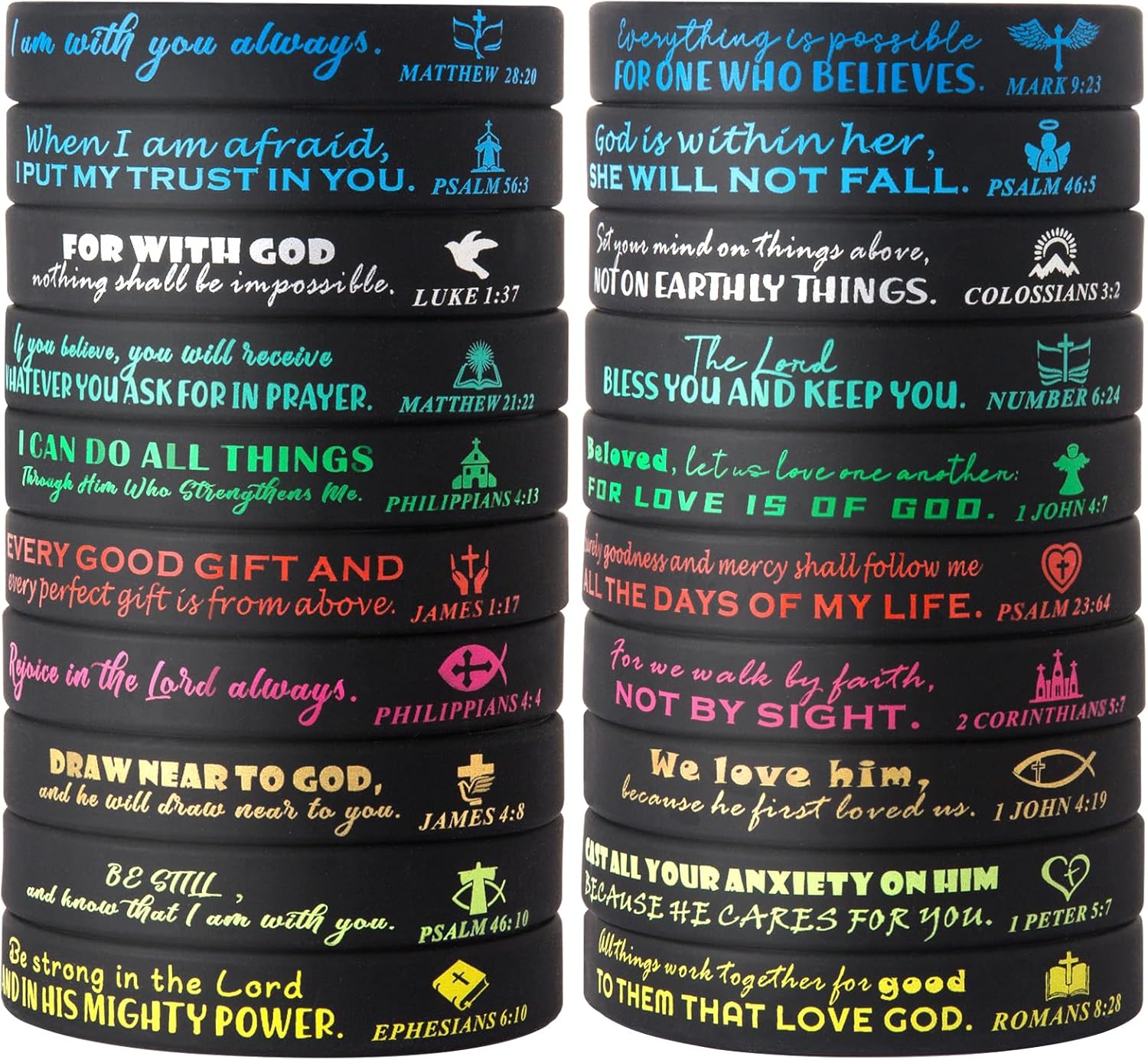 100P Religious Silicone Wristbands Bulk Bible Rubber Bracelets Faith Hope Belief Wristbands for Men Women Gifts (Black)