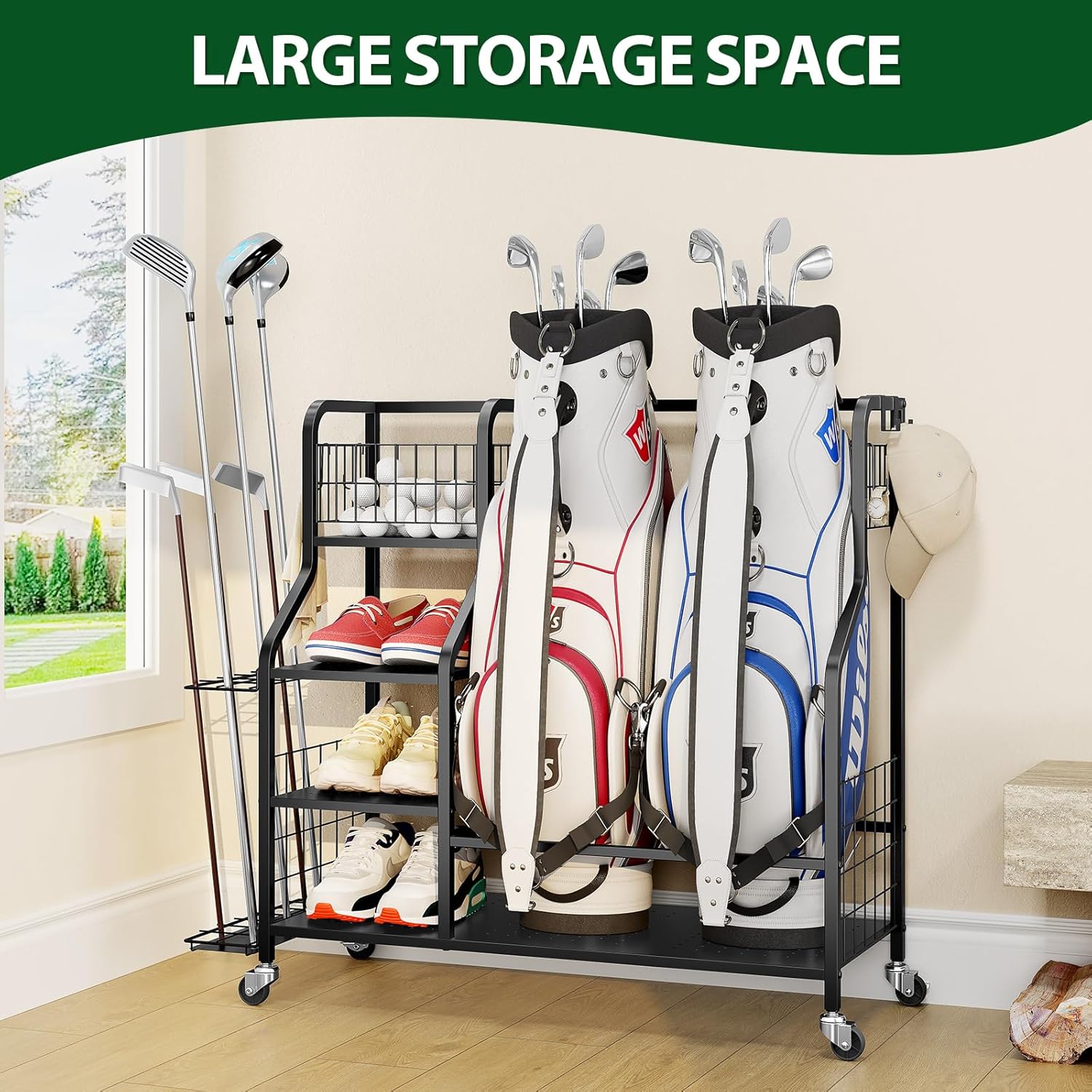 Golf Storage Organizer for Garage, Golf Bag Storage Rack with Lockable Wheels, Heavy Duty Golf Club Organizer with 3-Tier Shelves & Removable Hooks for Golf Accessories, Golf Bag Stand Holder, Black