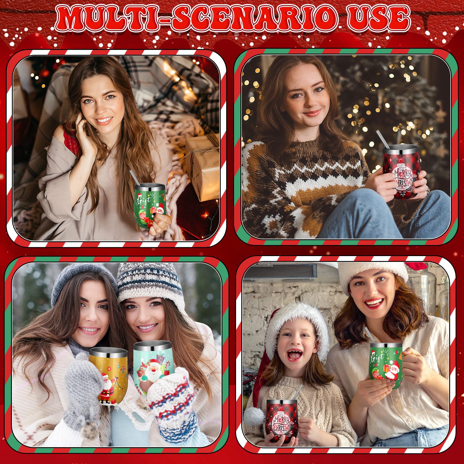 Umigy Set Of 4 Christmas Stemless Wine Tumblers | 12 Oz Insulated Funny Tumbler With Straw & Brush