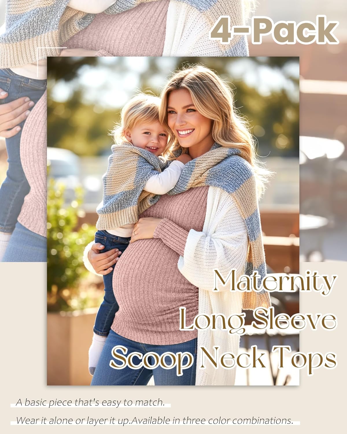 4 Pack Women's Maternity Ribbed Shirts Long Sleeve Square Neck Sweaters Casual Slim Side Ruched Pregnancy Clothes - Image 5