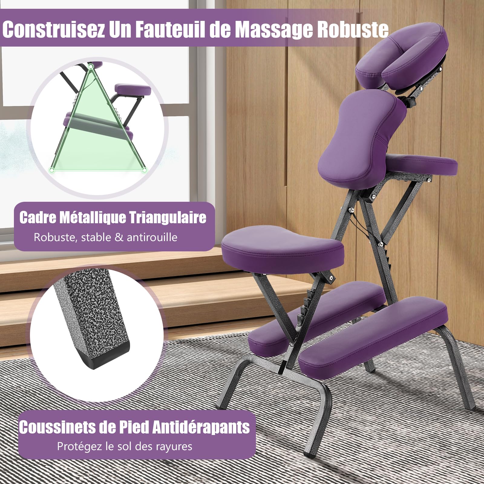 RELAX4LIFE Chaise de Massage Pliante Hauteur Réglable 110-120 CM, Chaise de Thérapie Portable Ergonomique avec Siège Rembourré, Sac de Transport, Charge 150 KG pour Tatouage Spa Esthéticienne (Violet)