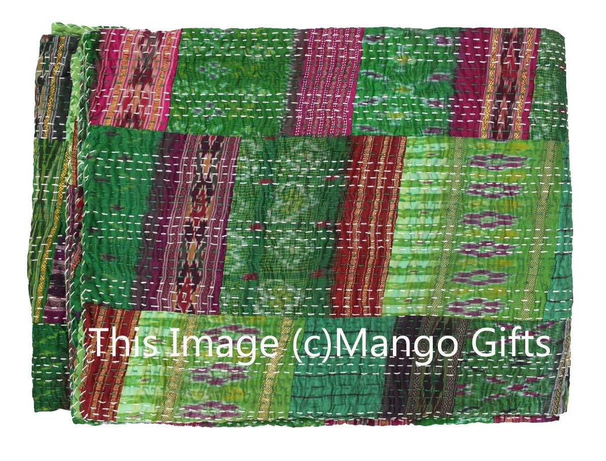 Couvre-lit en soie Sari Kantha fait main style vintage bohème vert 152x228 cm