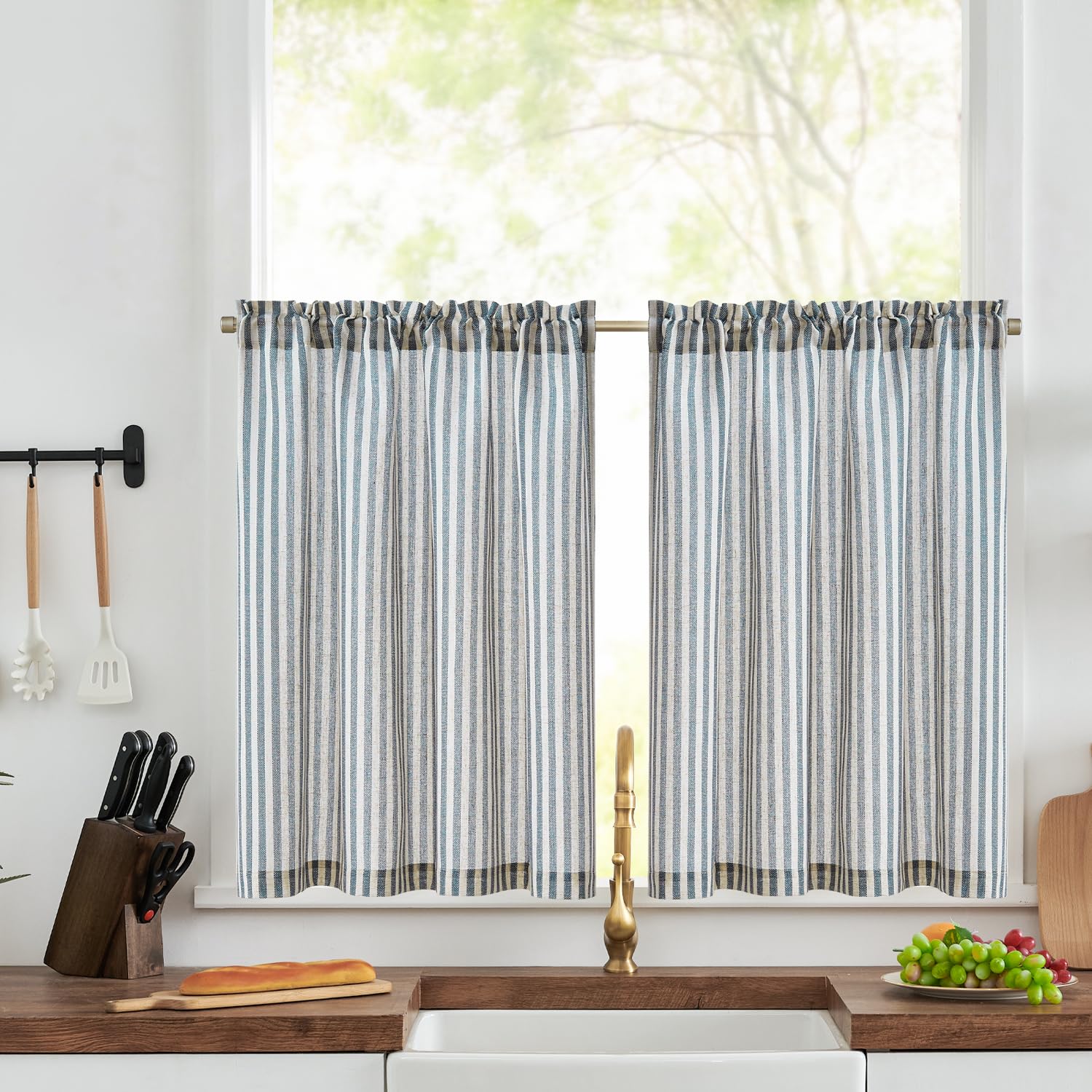 TOPICK Kitchen Curtains 24 Inch Drop, Blue Striped Short Cafe Curtains, Light Filtering Rod Pocket Short Curtain 2 Panels, Small Half Window Tier for Bedroom, Living Room, Cupboard Base, Sink, W36xL24