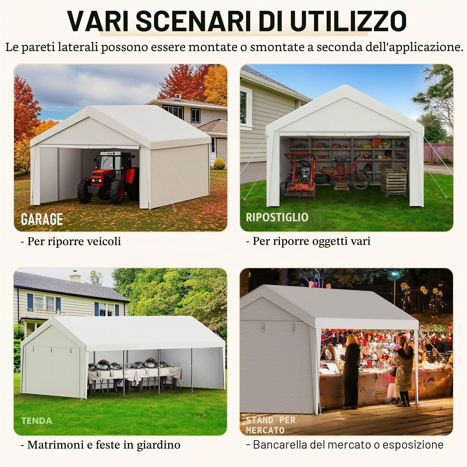 Carport Tenda Garage 4 x 6 m – Tenda da garage impermeabile con pareti laterali rimovibili – Resistente ai raggi UV – Rifugio invernale per auto, SUV, camion, barca, tenda da giardino, garage, bianco