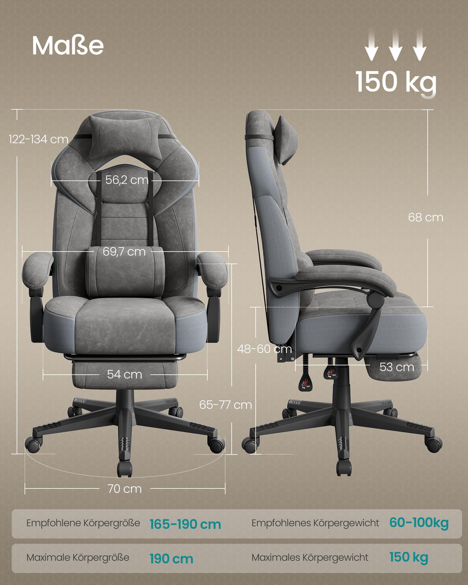 SONGMICS Gaming-Stuhl Bürostuhl ergonomisch Fußstütze Kopfkissen Lendenkissen 150 kg schiefergrau