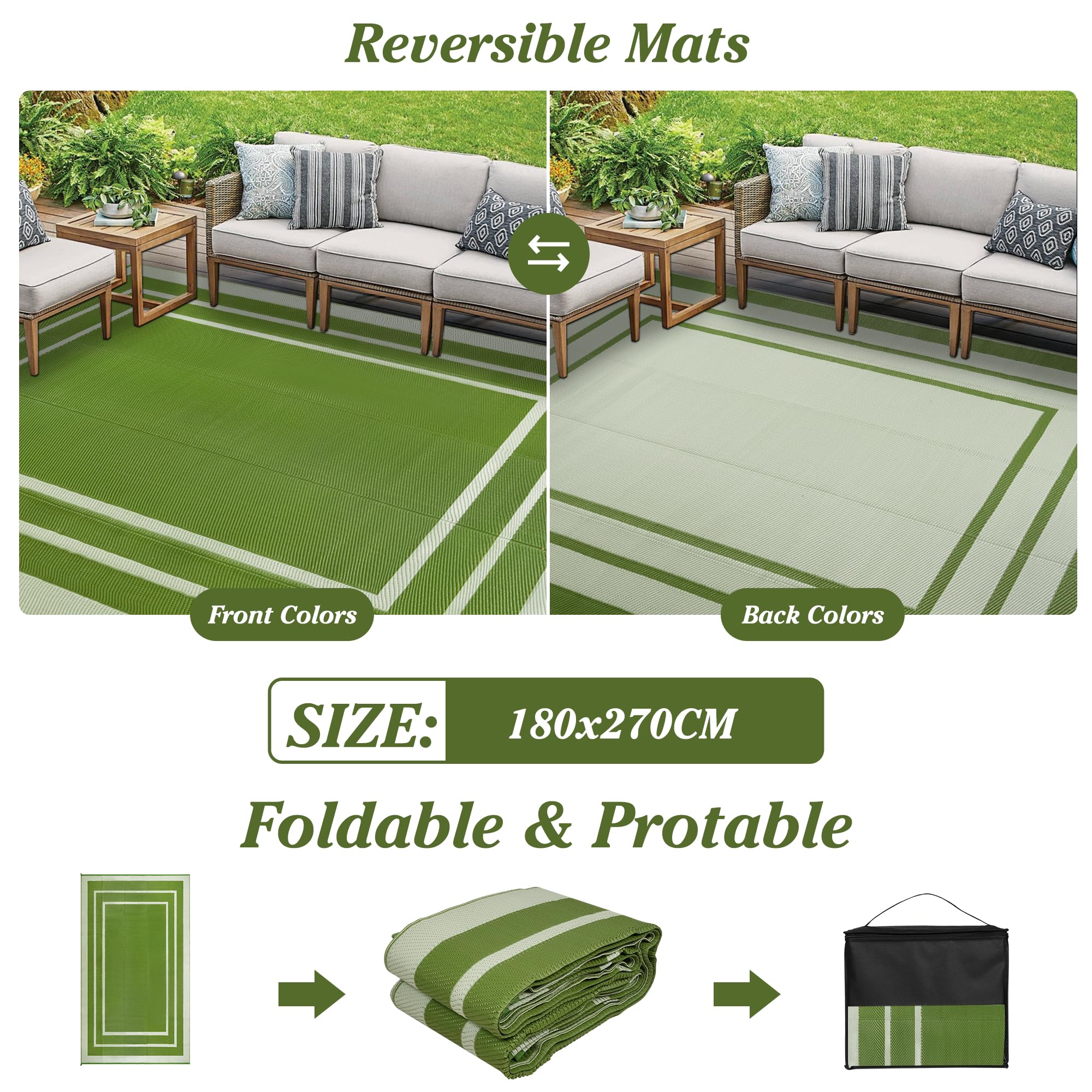 Tappeto da Esterno Terrazza 180x270cm Impermeabile Giardino Plastica Reversibile Balcone Lavabile Verde