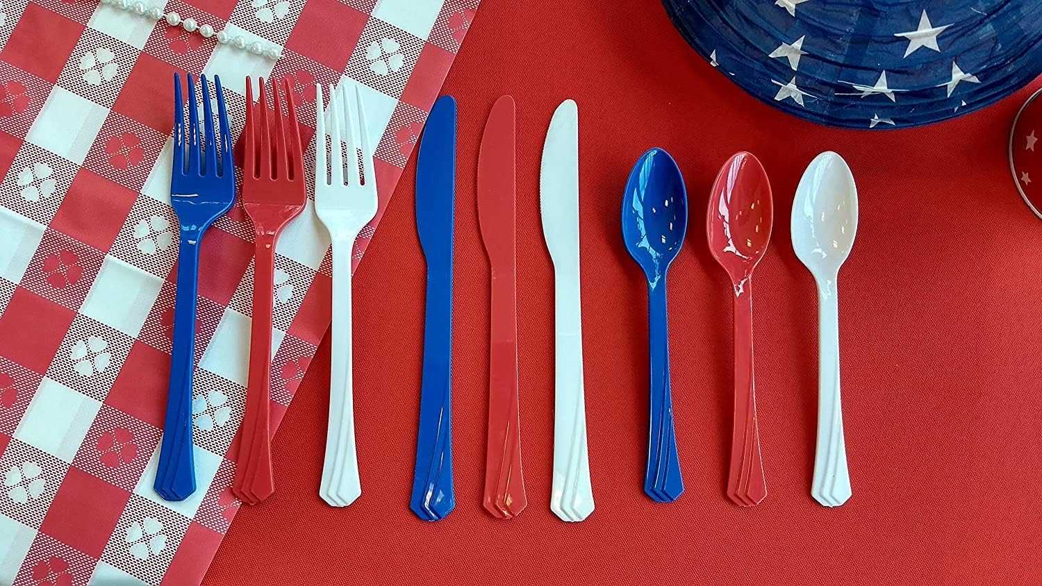 Hanna K. Signature Stars 'N Stripes Combo Heavyweight Blue, White & Red 480 pieces Plastic Cutlery, Celebrate July 4th or Birthday Party: 2 Packs, Red, Blue & White, NC88405