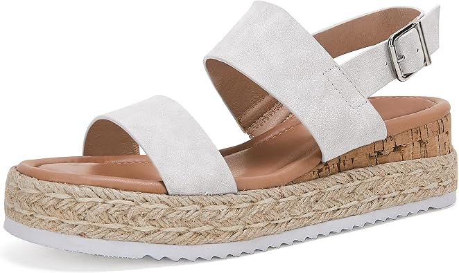 LAICIGO Womens Open Toe Wedge Platform Espadrilles Ankle Strap Buckle Faux Leather Cork Rubber Summer Sandals