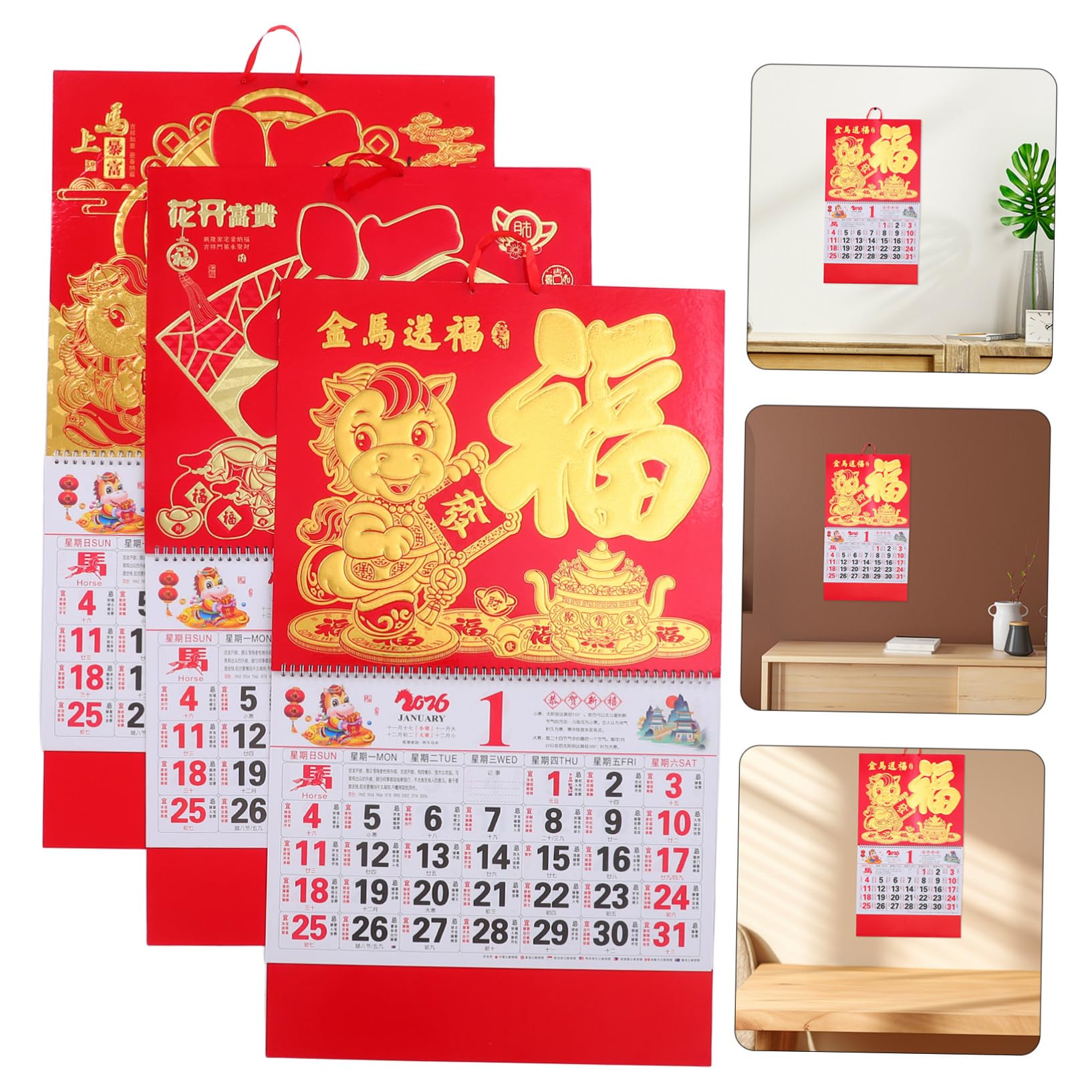 3 piezas Calendario de Pared Chino con Diseño Año del Caballo Calendario Lunar y Gregoriano Completo Acabado Mate Artístico Planificador Mensual Grande para Hogar y Oficina