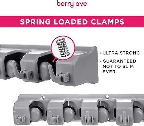 Miniatura 3 de Soporte para escobas de 5 ranuras con 1 pinza autoadhesiva para fregona, sin taladrar, organizadores de herramientas de montaje en pared