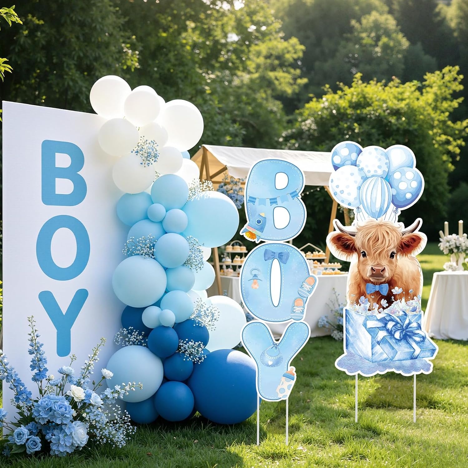 It's a Boy Highland Cow Baby Shower Yard Signs with Stakes - 2Pcs Blue Gender Reveal Outdoor Lawn Decorations, Waterproof Cute Cattle Balloon Gift Box Newborn Welcome Party Sign for Front Yard Garden image 5