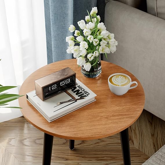APICIZON Round Side Table, Small End Table with Reinforced Metal Connectors, Walnut Wooden Bedside Table for Living Room, Bedroom, Modern Rustic Accent Table, Tool-Free Assembly, Ø42 x H51 cm