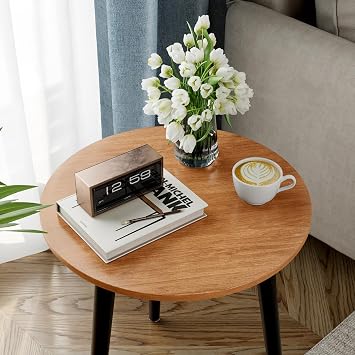 APICIZON Round Side Table, Small End Table with Reinforced Metal Connectors, Walnut Wooden Bedside Table for Living Room, Bedroom, Modern Rustic Accent Table, Tool-Free Assembly, Ø42 x H51 cm