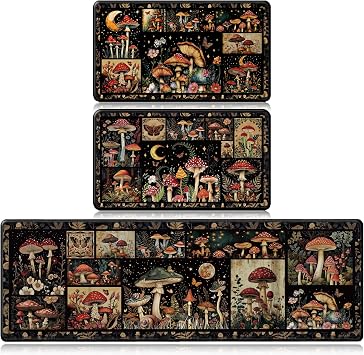 Mushroom Kitchen Mats for Floor, Decorative Non Slip Kitchen Rugs Sets of 3, Farmhouse Washable Floor Mat Carpet for Entryway Sink Hallway Laundry Room16 X 28 + 16 X 47 Inches