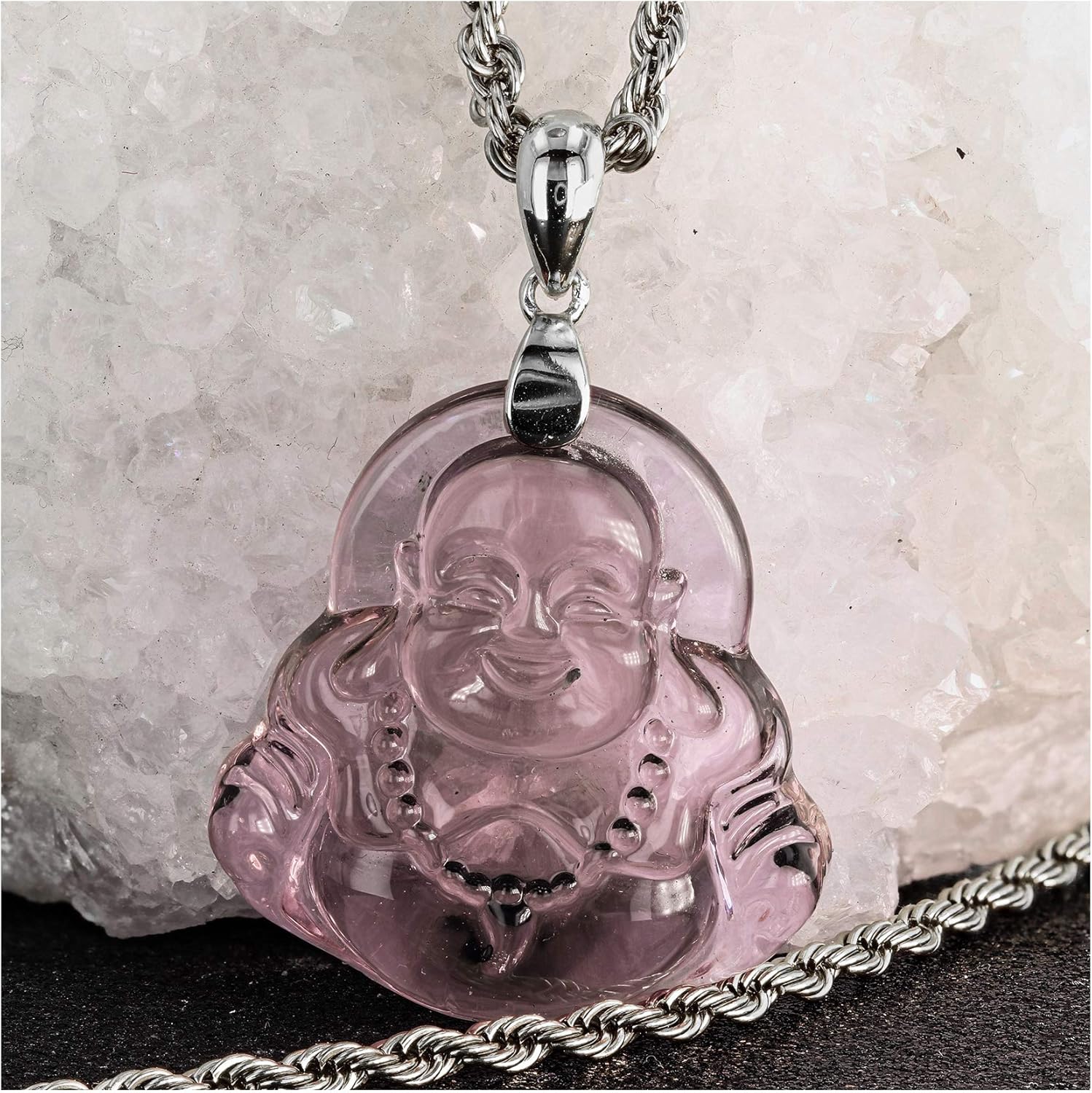 Laughing Buddha Purple Pink Jade Pendant Necklace – Men & Women Certified Grade A Jadeite, Handcrafted 14k Real White Gold Finish Medallion with Rope Chain