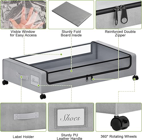 Miniatura 4 de Almacenamiento debajo de la cama con ruedas, paquete de 2 contenedores de almacenamiento debajo de la cama con tapas y cremalleras transparentes,