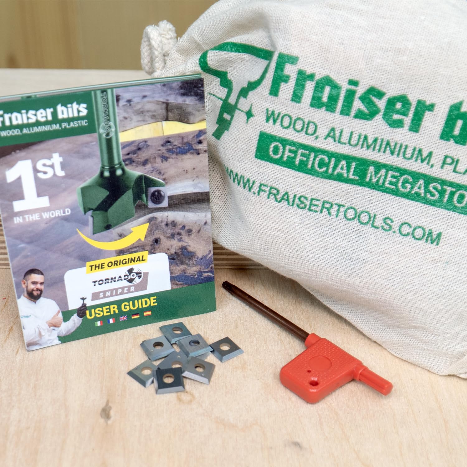 Fraiser Tornado zestaw zapasowy z 10 nożami / wkładkami z węglika spiekanego 12 mm, 3 śruby, klucz Torx T15 i Bittop - do frezu do frezowania trzpienia 12 mm