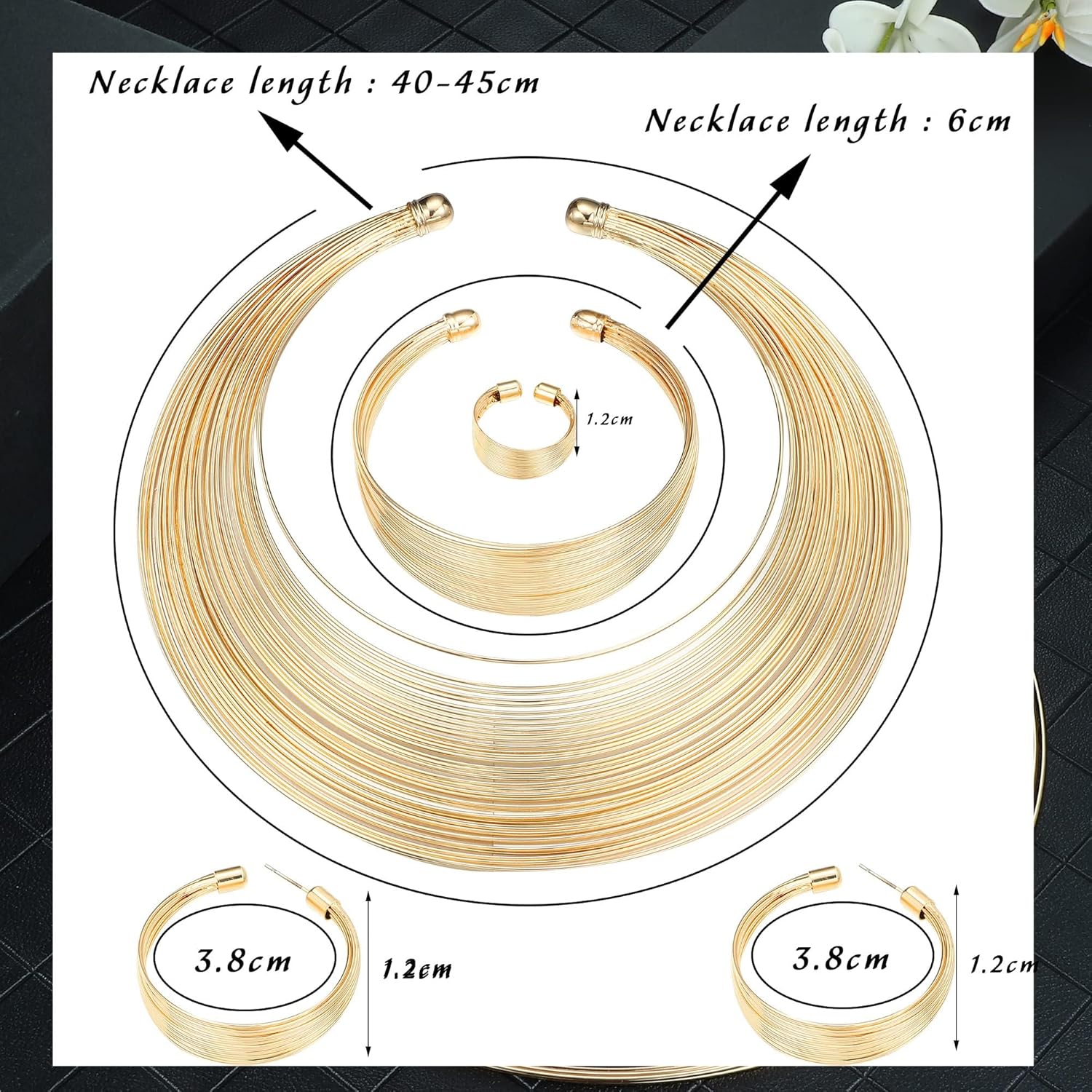 ORAZIO Bib Choker Statement Necklaces for Women Cuff Bracelet Open Hoop Stud Earrings Ring African Chunky Costume Jewelry Set - Image 3