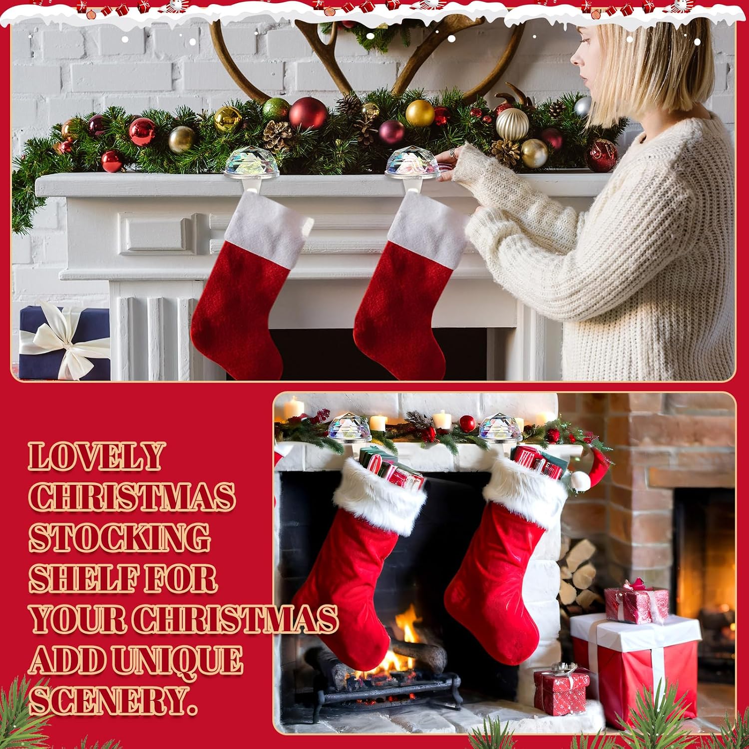 MorningRo 2 Pcs Christmas Stocking Holders for Mantel Metal Heavy Duty Christmas Stocking Hangers Clips Hooks Crystal Ball Rhinestone Prism Xmas Decorations Ornaments for Fireplace Mantle Window Table