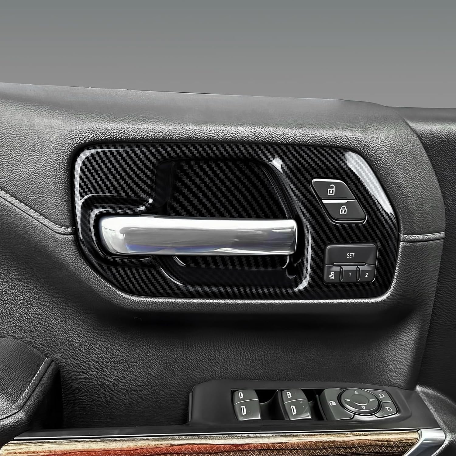 Car ABS Carbon Fiber Front Inner Door Handle Cover Interior Trim Side Mirror Decor for 2019-2025 Chevy Silverado | for 2019-2021 GMC Sierra 1500 2500 3500 HD Accessories