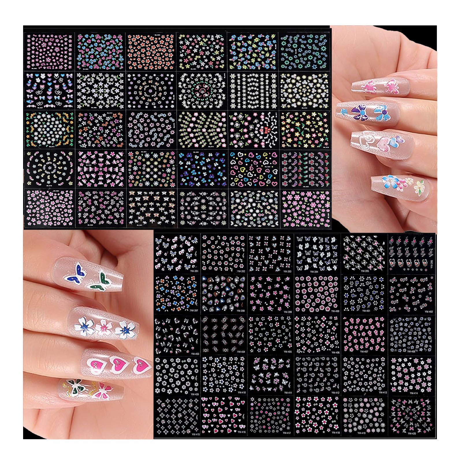 ESUOHYM 60 Sheets Colorful Nail Art Stickers Decals Ombre Flower Butterfly Hearts 3D Decorative Summer Nail Stickers Self Adhesive Must Have Nail Tech