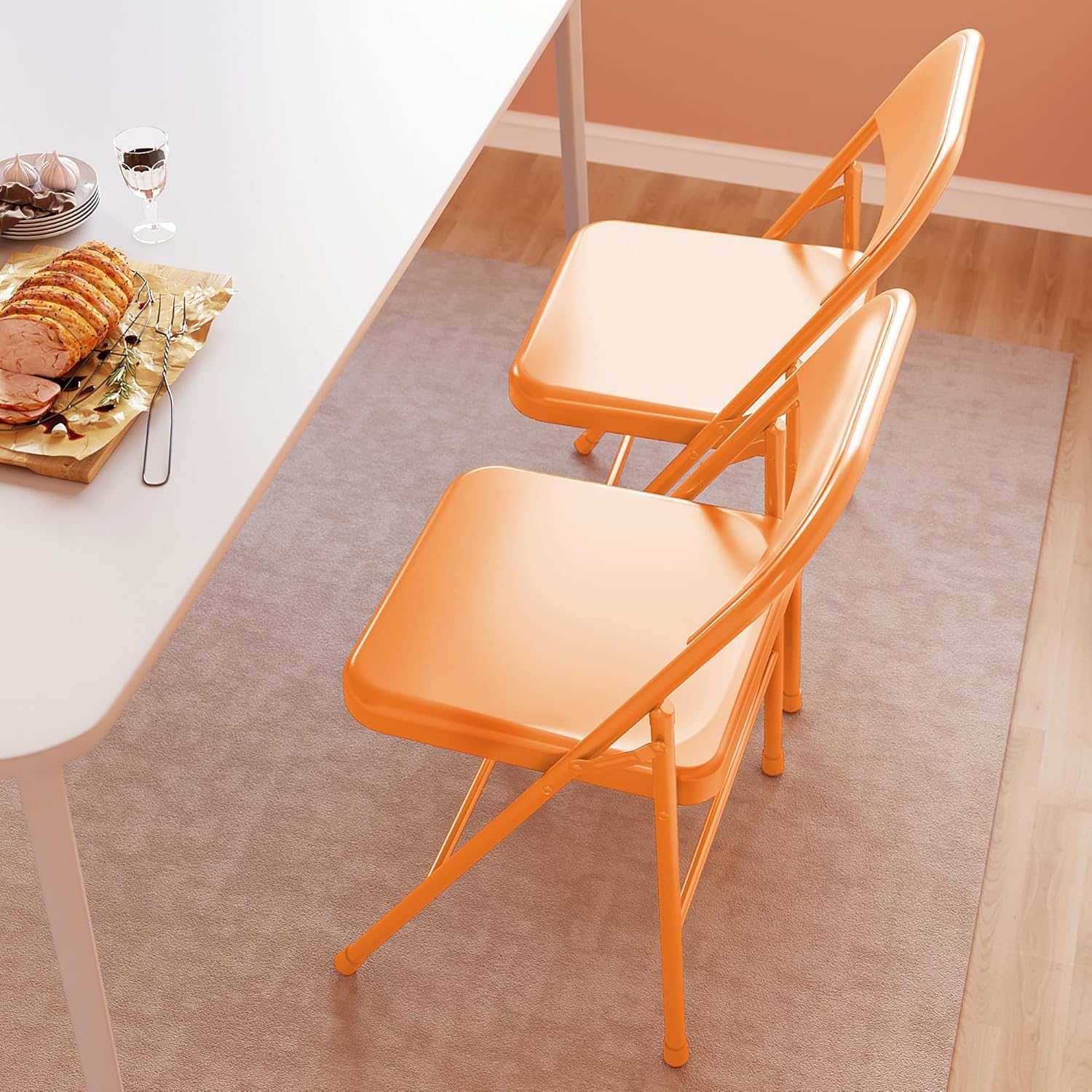 IDEALHOUSE Folding Chairs Set of 4, Foldable Chairs with Metal Frame Hold Up to 350 Pounds, Portable Orange Folding Chairs Suitable for Dining Room, Living Room, Office, Camping