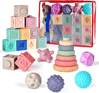 23PCS Soft Stacking Blocks for 3 Months and up Baby, Baby Montessori Toys and Toddler Sensory Toys for Alphabetic Recognition,Number Recognition,Shape Recognition,Fruit Vegetable Recognition