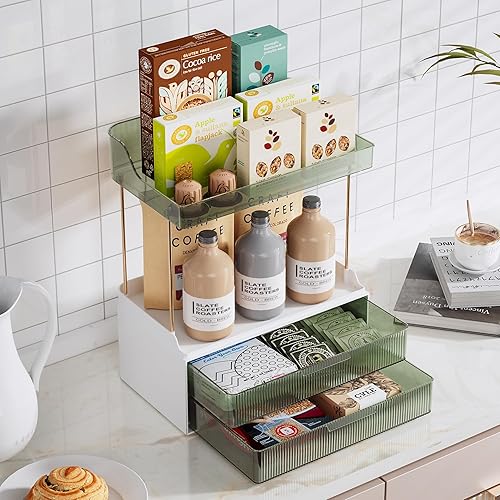 Vista 68 de Delamu Organizador y almacenamiento de baño, 2 niveles y 2 cajones, organizador de maquillaje, fácil de instalar, ideal para encimera de baño