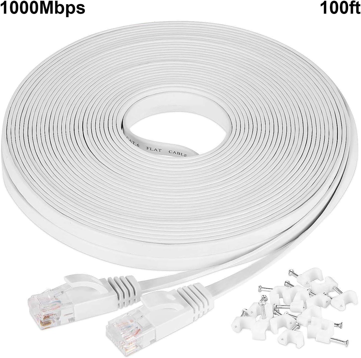 Flat Cable 100 ft, 1000 Mbps Cord for Cat5 / Cat5e