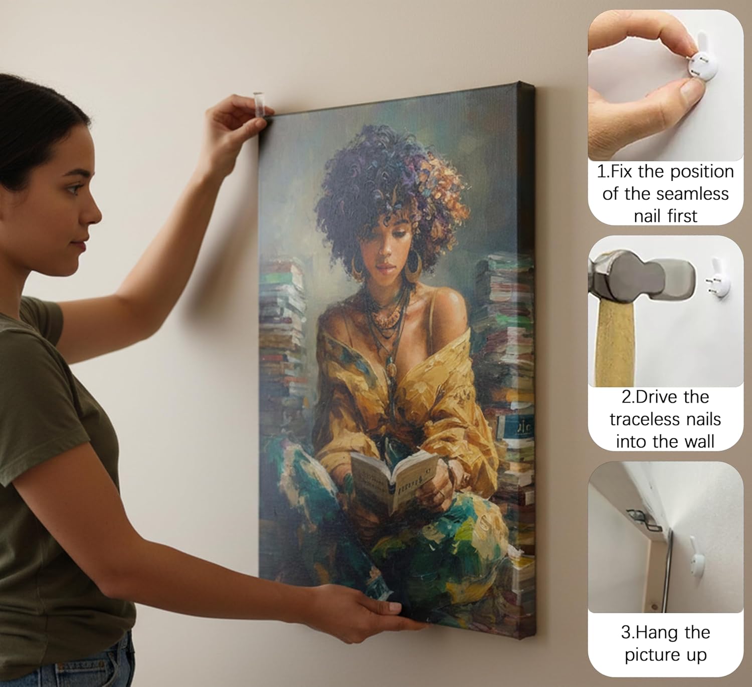 MDHFJEAW African American Woman Wall Art Black Girl Reading Canvas Print Modern Abstract Oil Painting Picture Gallery Wrapped Wall Decor for Teen Girl Bedroom Study Reading Nook 16x24 In