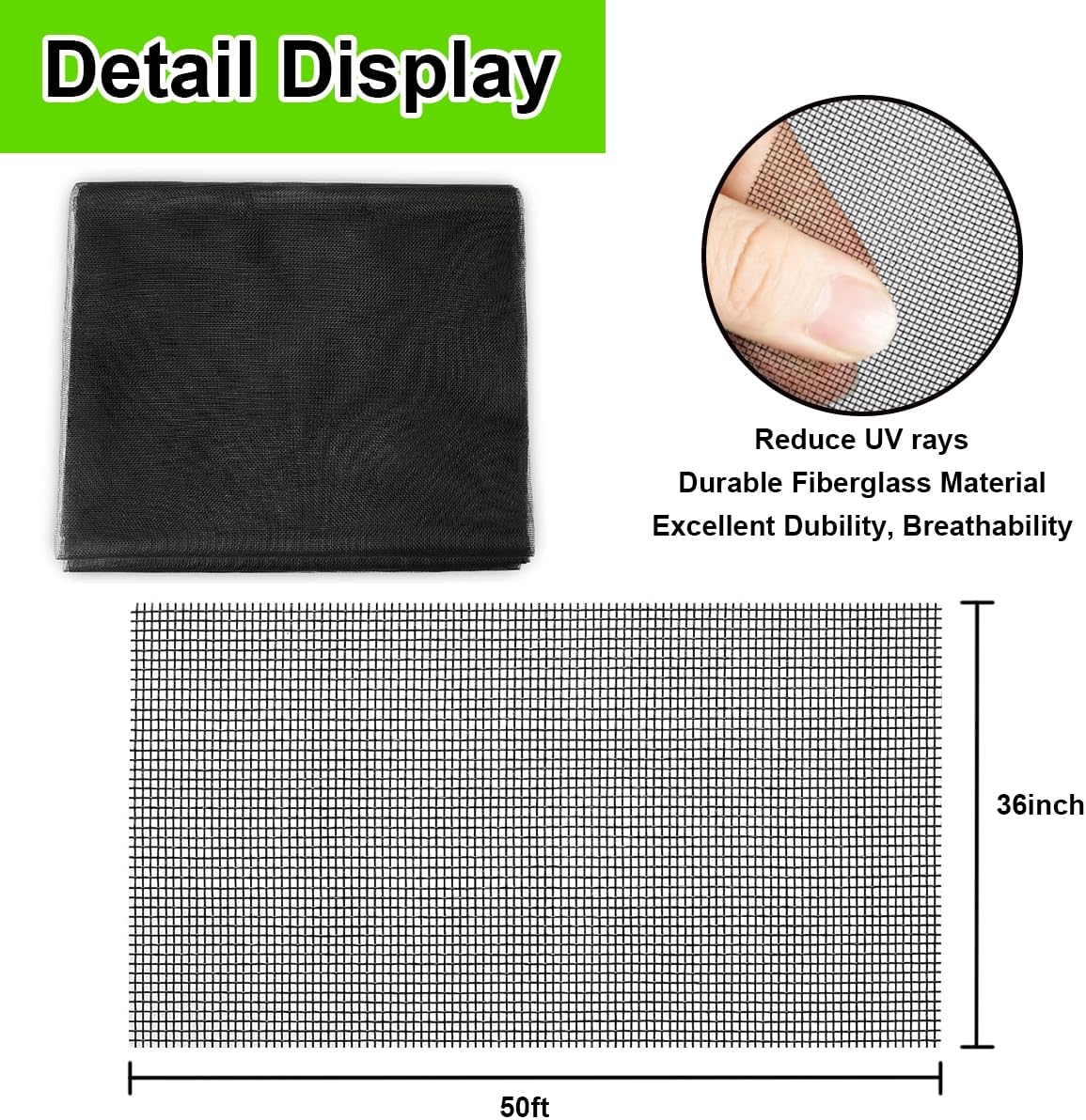 36 in x 50 ft Fiberglasss Window Screen Mesh,Replacement Screen Roll High Visibility Durable Screens,Easy to DIY Repair or Rescreen for House Windows,Patio,Porch,Sliding Door
