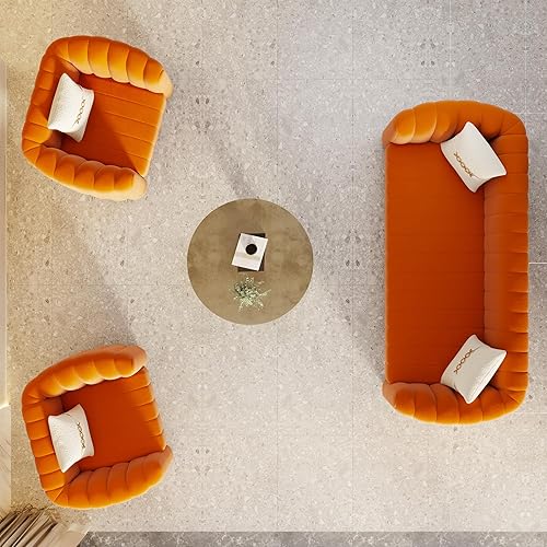 Miniatura 4 de Juego de sofá copetudo de terciopelo naranja de 3 piezas para sala de estar, juego de sofá de diseño moderno con patas de bola de metal doradas,