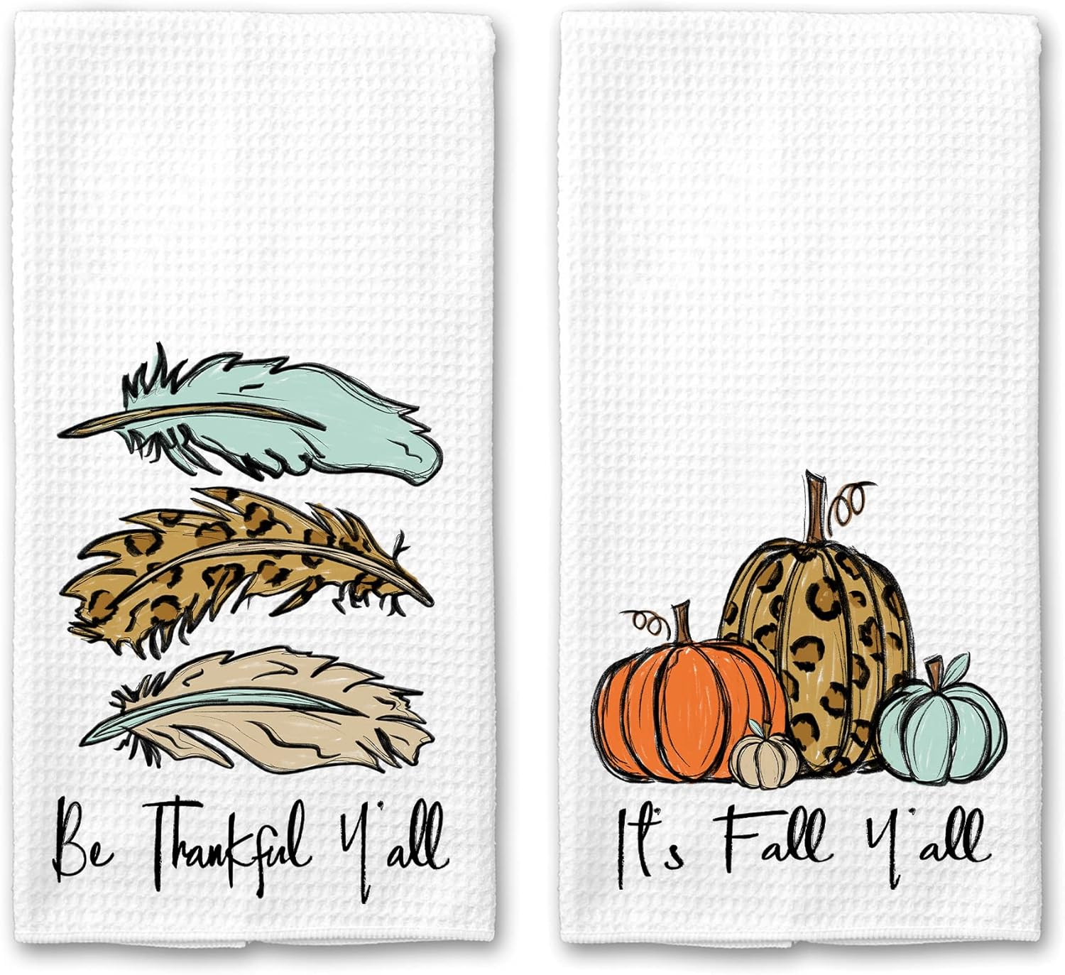 It's Fall, Y'all Leopard Pumpkin and Be Thankful Feather Microfiber Kitchen Towel Holiday Home Decor Set of 2
